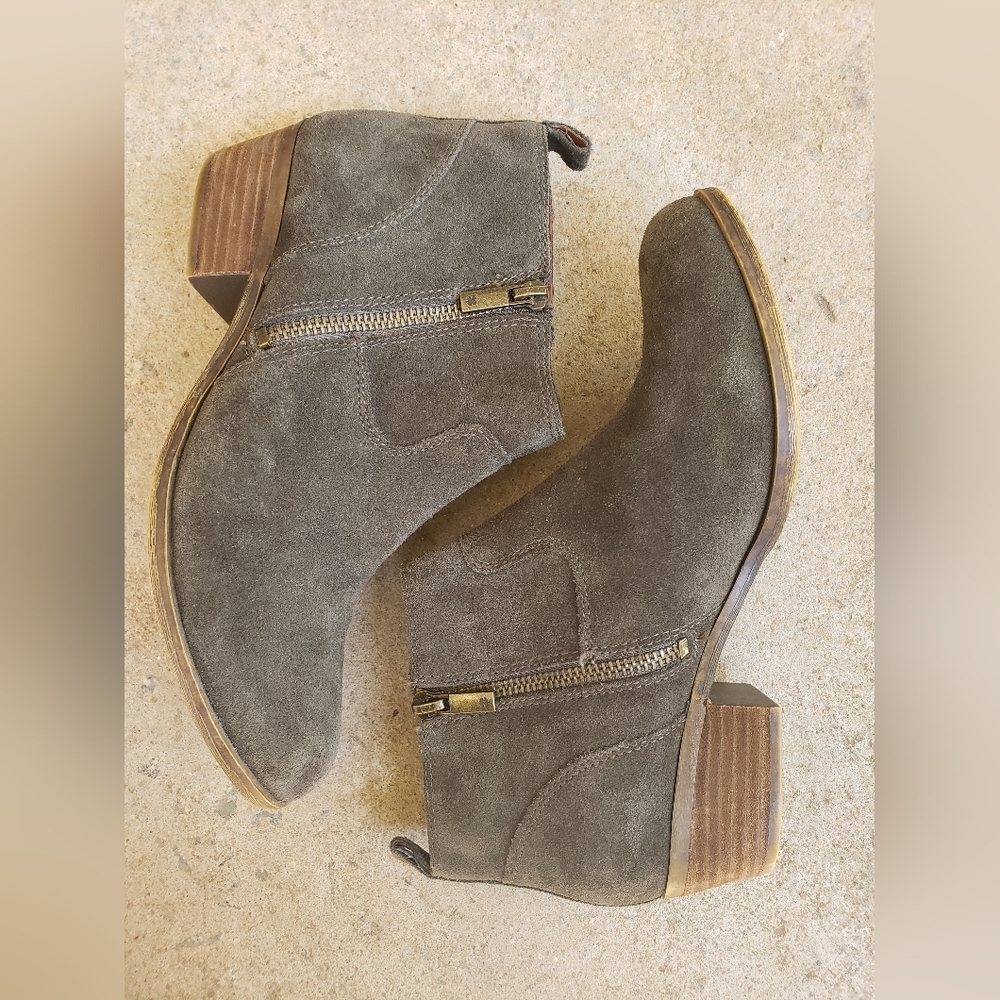 Lucky Brand Taupe Suede Ankle Booties with Side Zipper